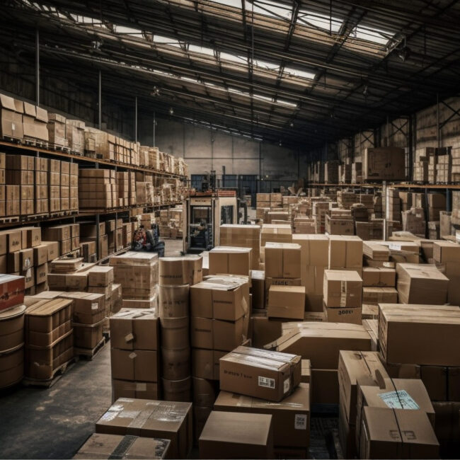 Rows of crates in large indoor warehouse generated by AI Rows of crates in large indoor warehouse generated by artificial intelligence